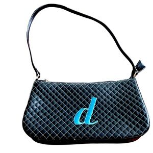 Shoulder purse black quilted faux leather embroidered letter lower case blue d